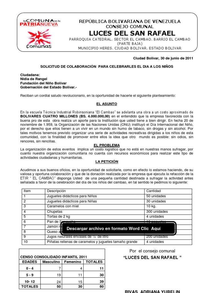SOLICITUD DE COLABORACIÓN PARA CELEBRAR EL DIA DEL NIÑO