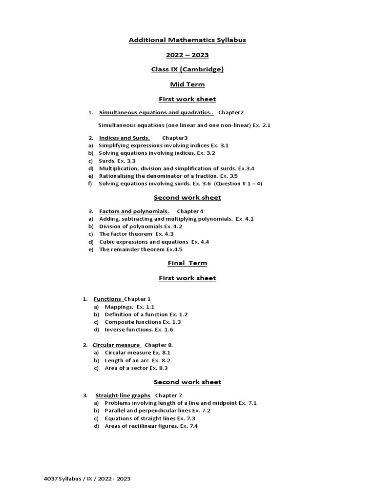 Class IX Additional Mathematics Syllabus | PDF | Teaching Methods ...
