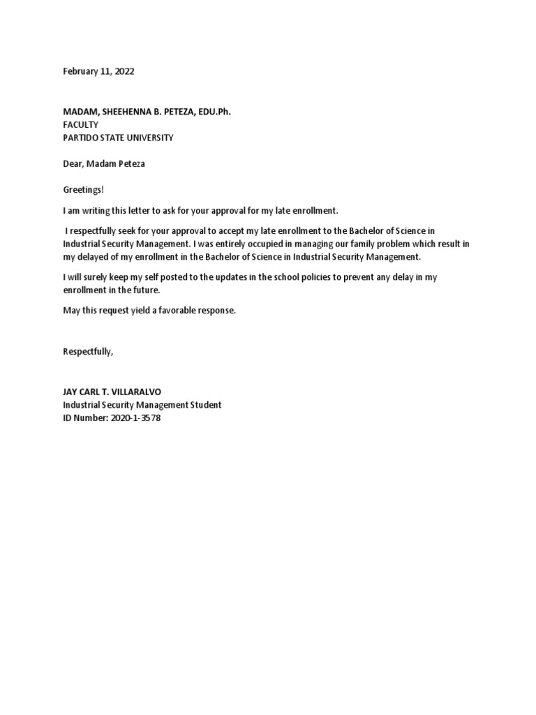 Excuses Letter For Late Enrollment | PDF