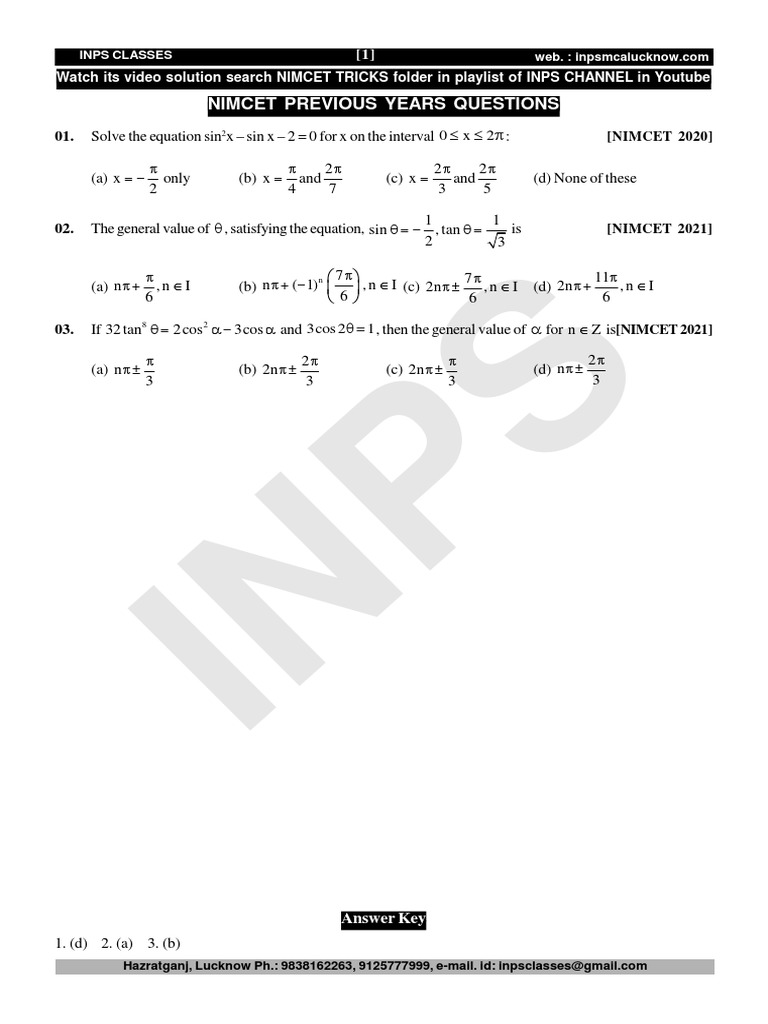 Trigonometric equation nimcet previous years questions 218472 pdf