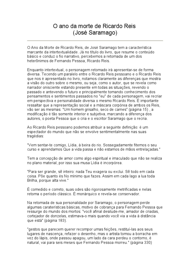 O Ano Da Morte De Ricardo Reis Resumo Por Capitulos