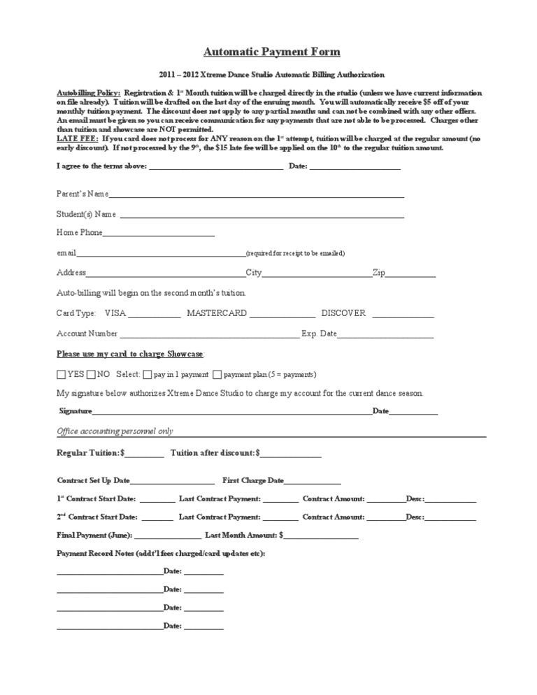 Xtreme Dance Studio Auto Payment Form | PDF | Career & Growth | Finance ...