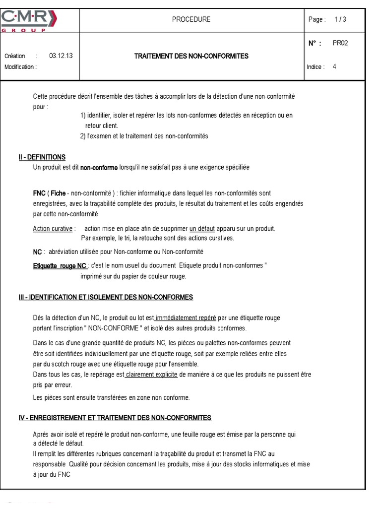 Traitement des Non-Conformités | PDF | Affaires | Finance et gestion ...