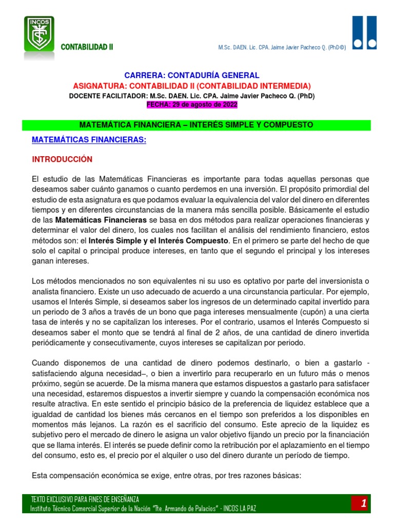 MATERIAL No. 1 - MATEMÁTICA FINANCIERA | PDF | Finanzas Matemáticas ...