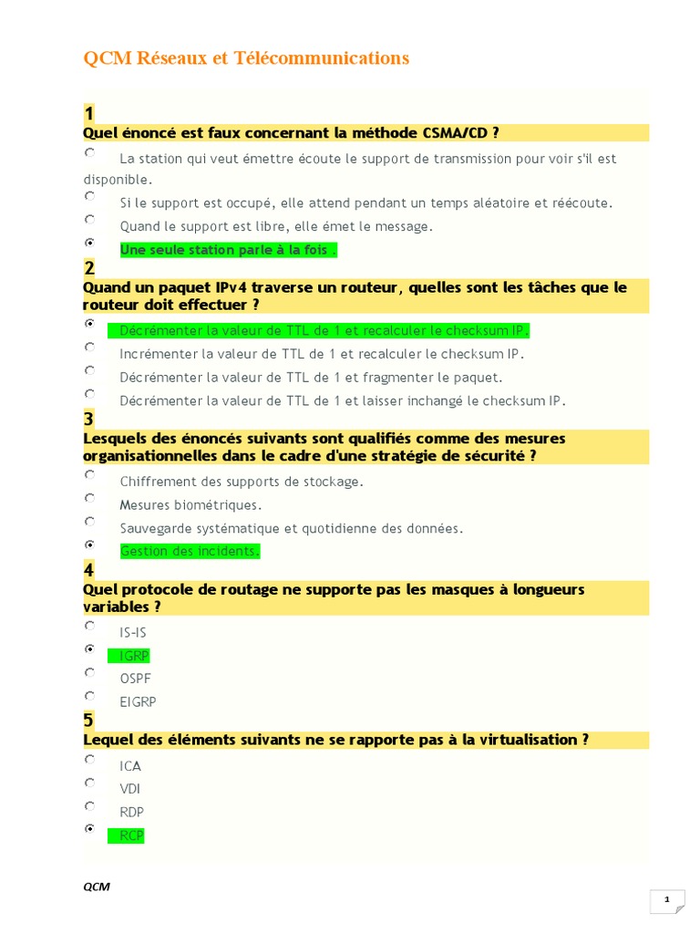 QCM Réseaux et Télécommunications | PDF | Adresse IP | Protocoles Internet