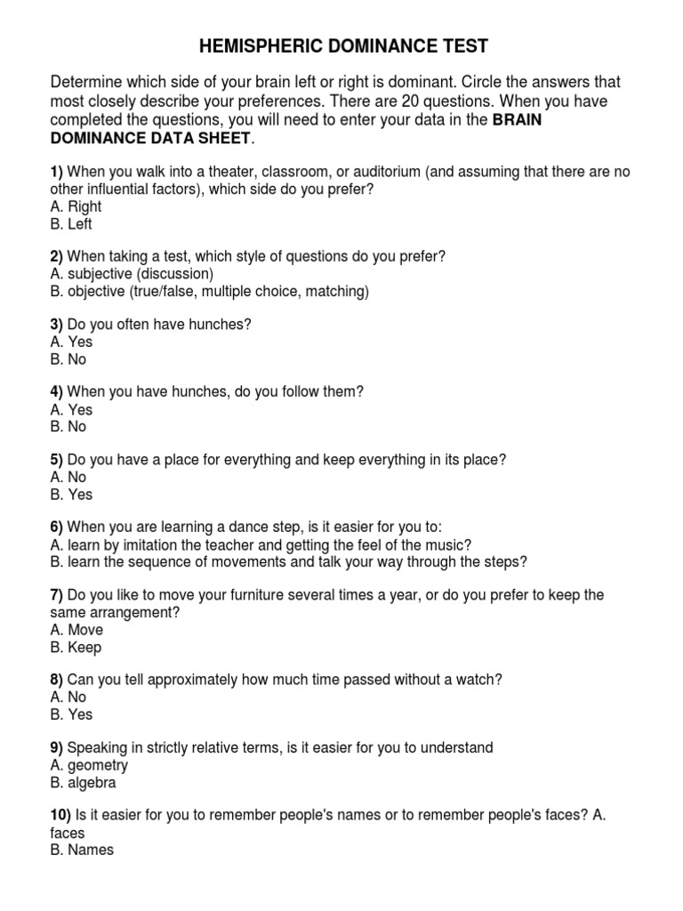 Hemispheric Dominance Test | PDF | Lateralization Of Brain Function ...