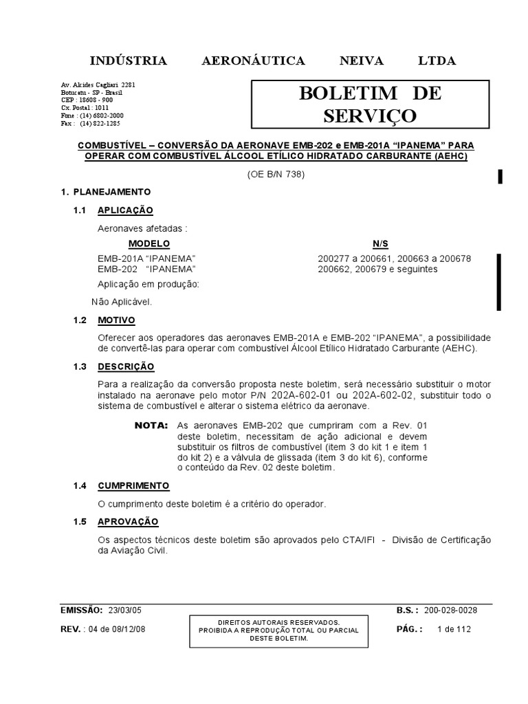 Conversão de Aeronaves Ipanema para AEHC | PDF | Parafuso | Motores