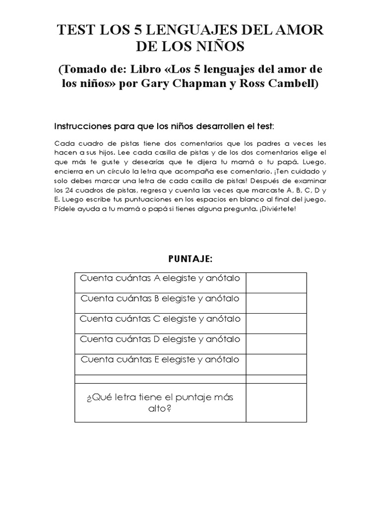 Test Los 5 Lenguajes Del Amor de Los Ninos | PDF | Amor