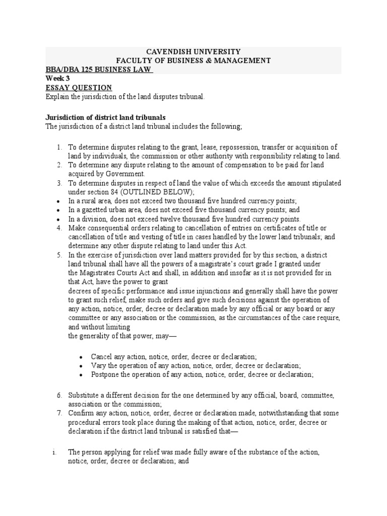 Business Law Year Two. The Jurisdiction of The Land Dispute Tribunal