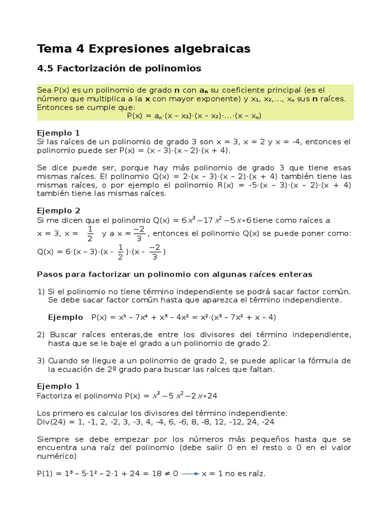 Tema 4 5 Factorización De Polinomios Pdf Factorización Matemáticas
