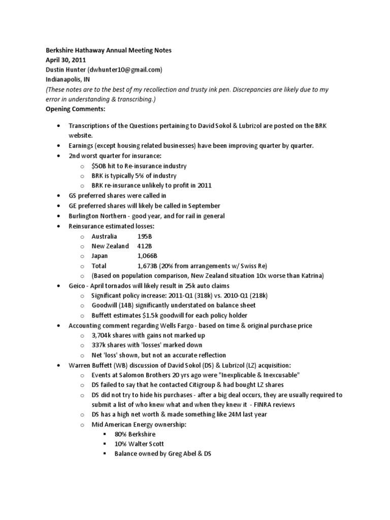 2011 BRK MTG Notes - DH | PDF | Berkshire Hathaway | Stocks