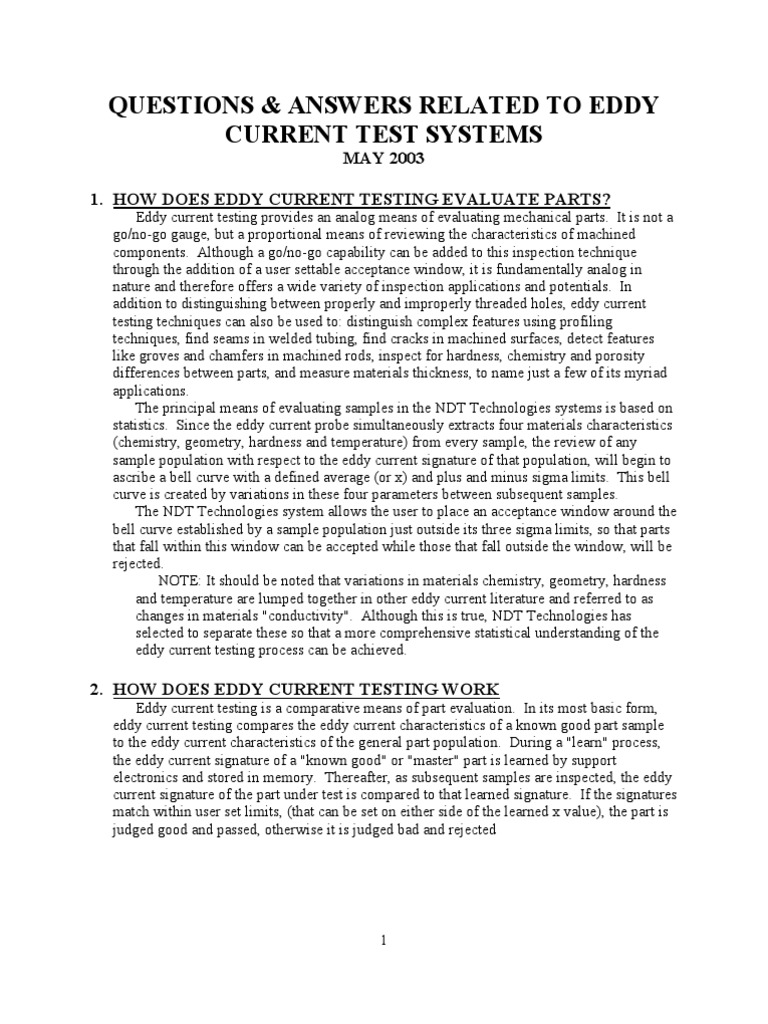 Questions & Answers Related To Eddy Current Test Systems MAY 2003 1