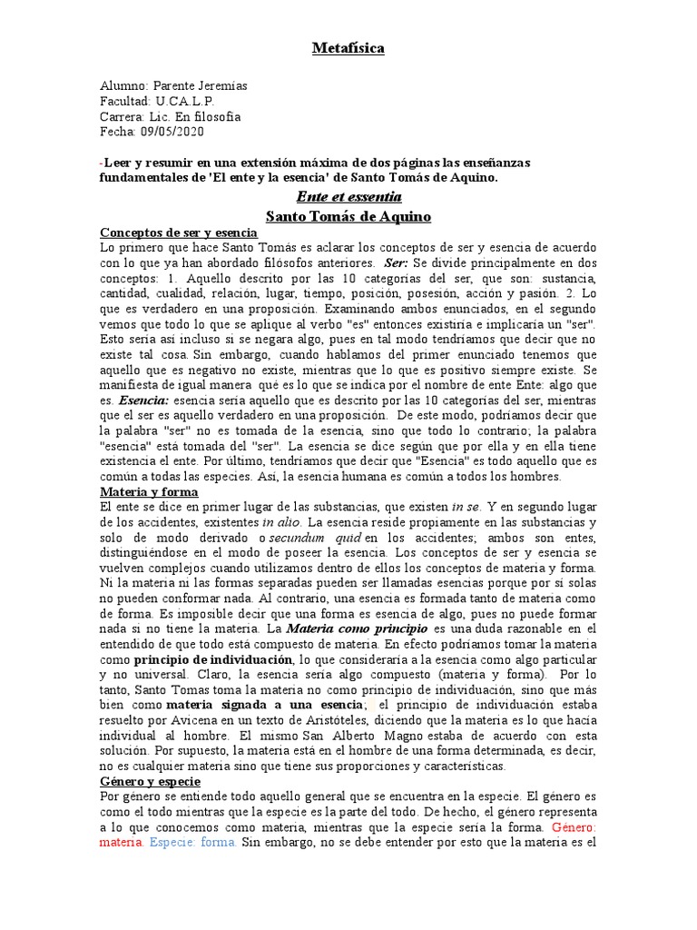 EL ENTE Y LA ESENCIA (Metafisica) PDF Esencia Existencia