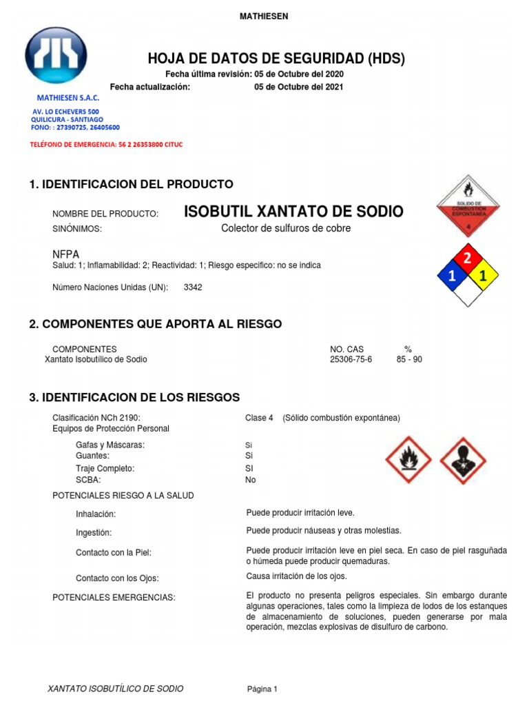 MSDS Xantato Isobutílico de Sodio - SIBX | PDF | Agua | Dióxido de azufre