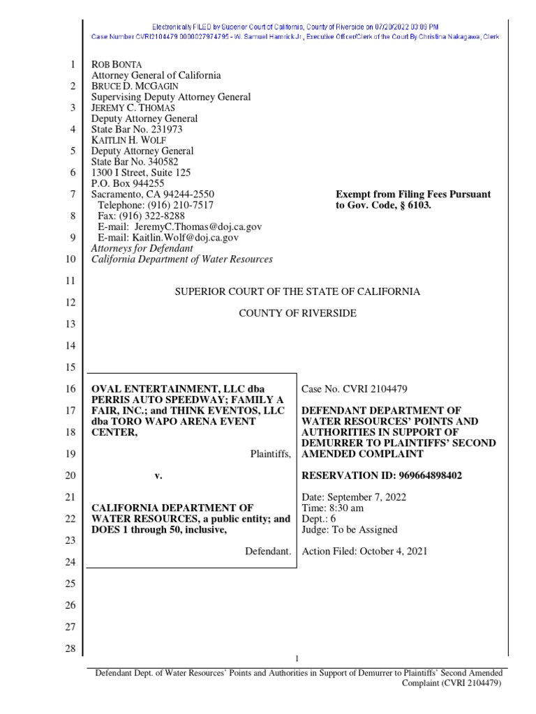 State of California Response To Lawsuit by Perris Fairgrounds Lessees | PDF  | Demurrer | Fourteenth Amendment To The United States Constitution