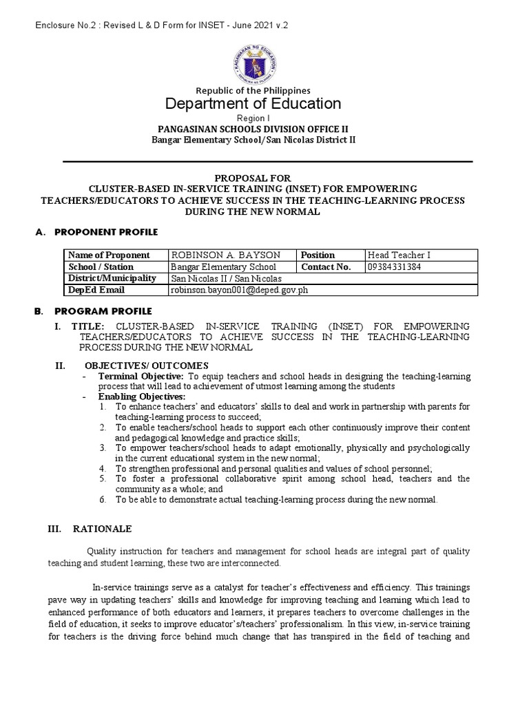 INSET Training Proposal for Teachers | PDF | Teaching Method | Teachers
