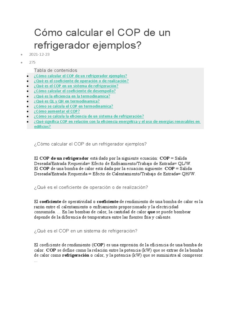 Cómo Calcular El COP de Un Refrigerador Ejemplos? | PDF | Uso eficiente ...