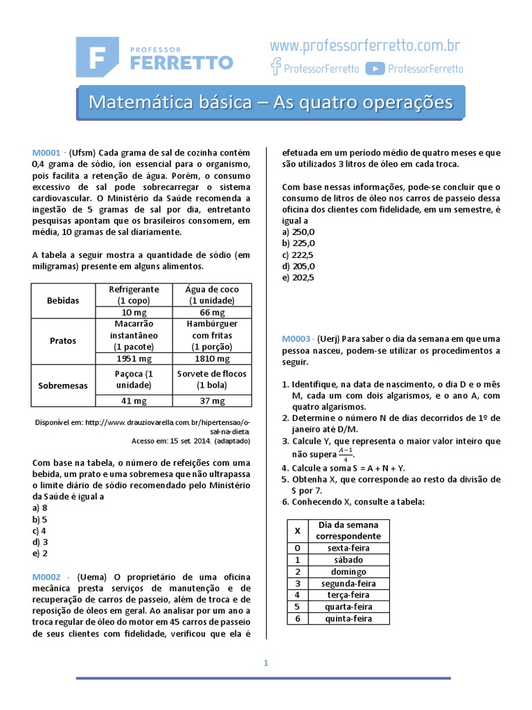 Questoes Matematica Basica As Quatro Operacoes | PDF | Cálcio