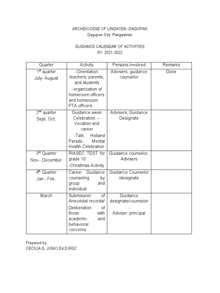Guidance calendar of activities pdf