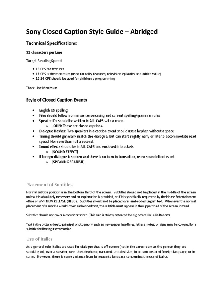 Sony Closed Caption Style Guide PDF Linguistics Human Communication