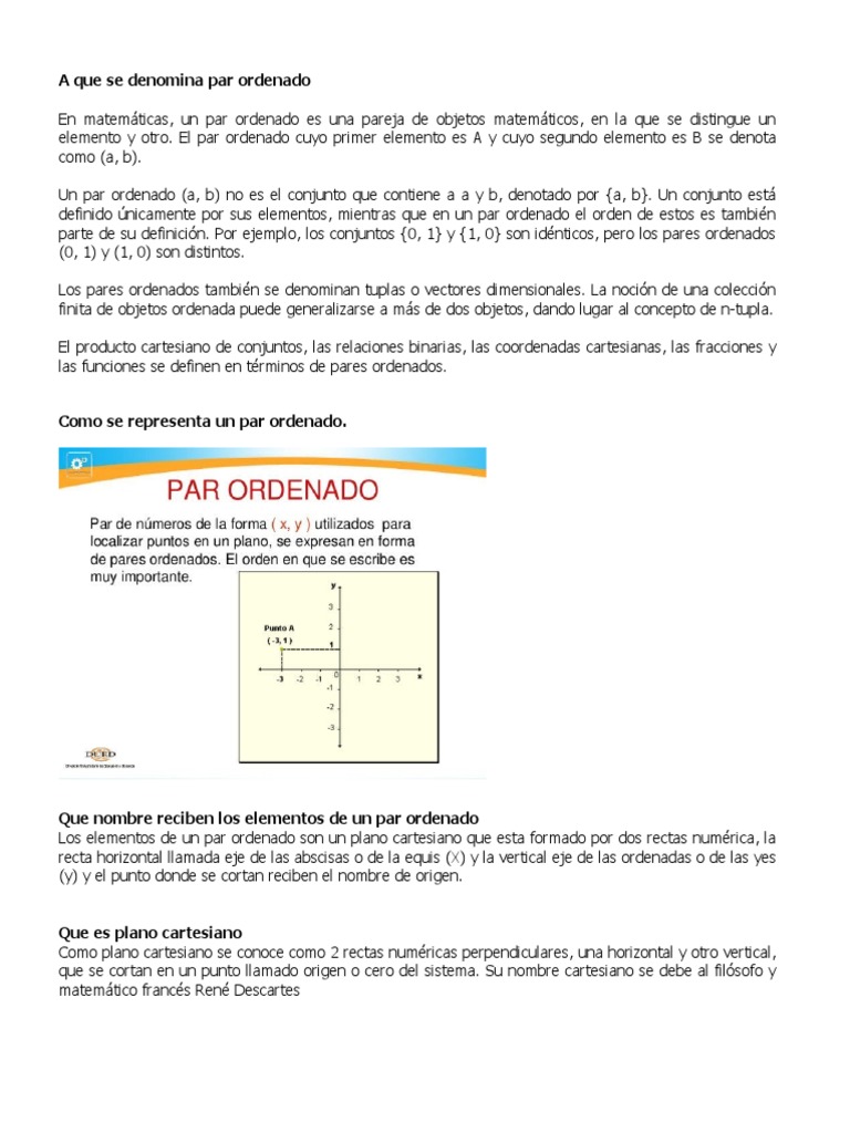 Los elementos de un par ordenado y su representación en un plano cartesiano PDF Sistema de