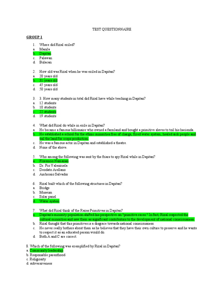 Jose Rizal Quiz: Exile and Works | PDF | Philippines