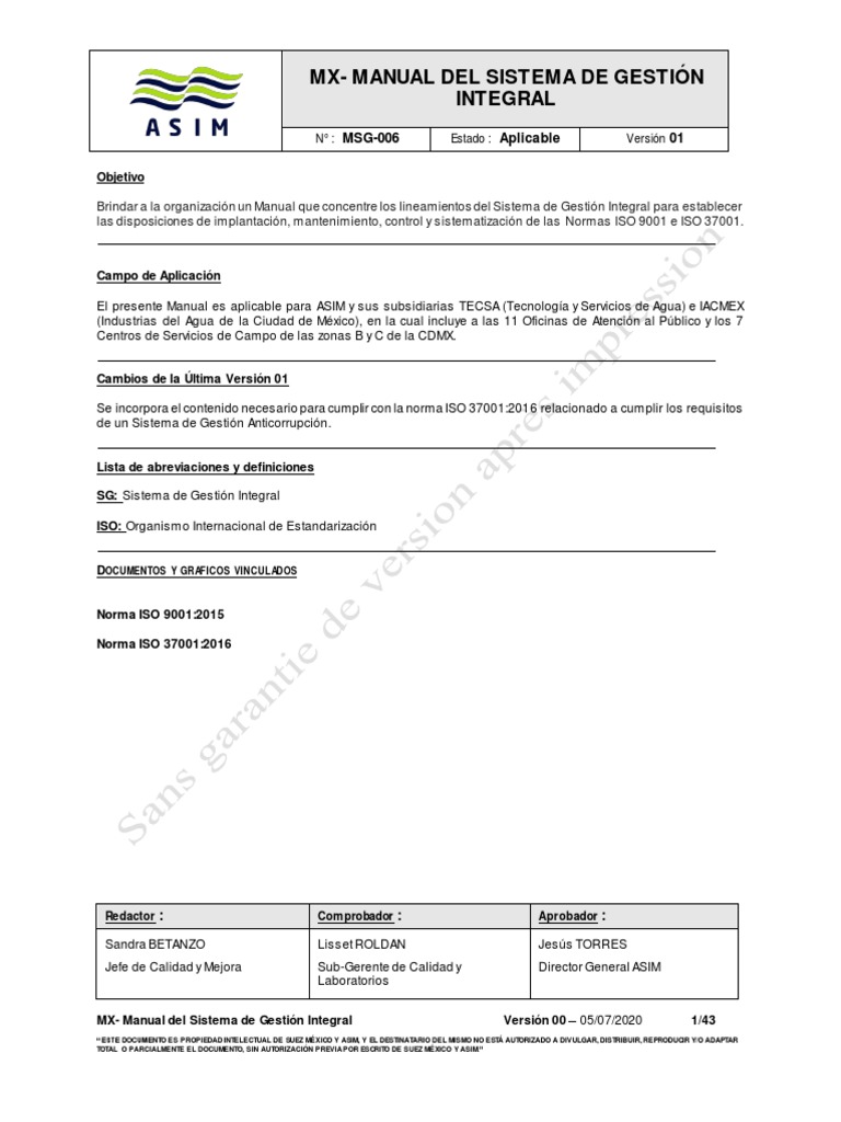 MSG-006 - MX - Manual Del Sistema de Gestión Integral - V01 | PDF ...
