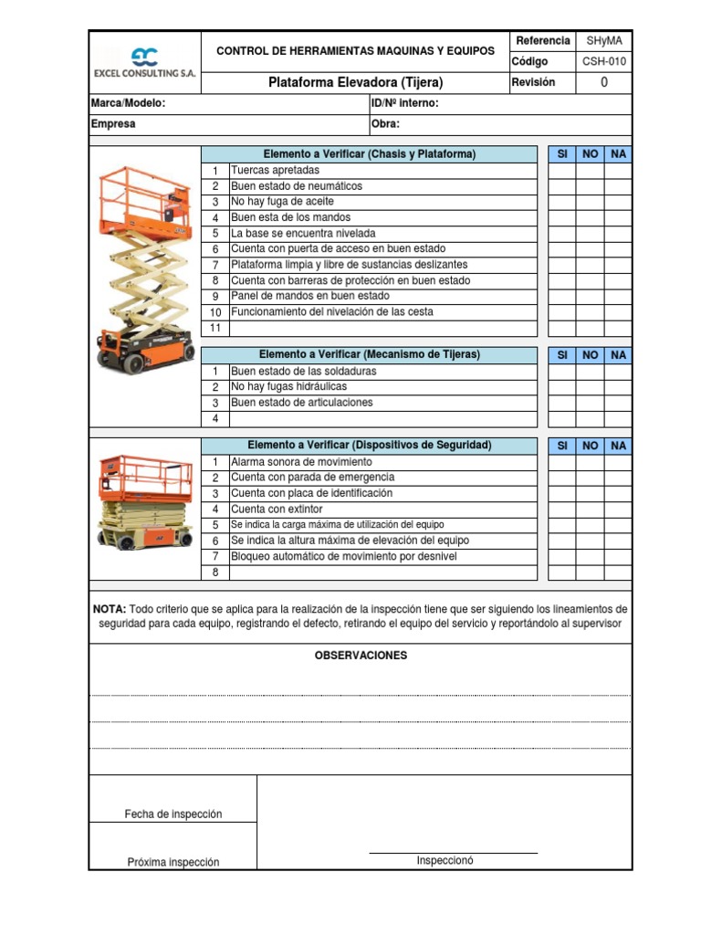 Inspección de Seguridad en Plataformas Elevadoras | PDF | Bienes ...