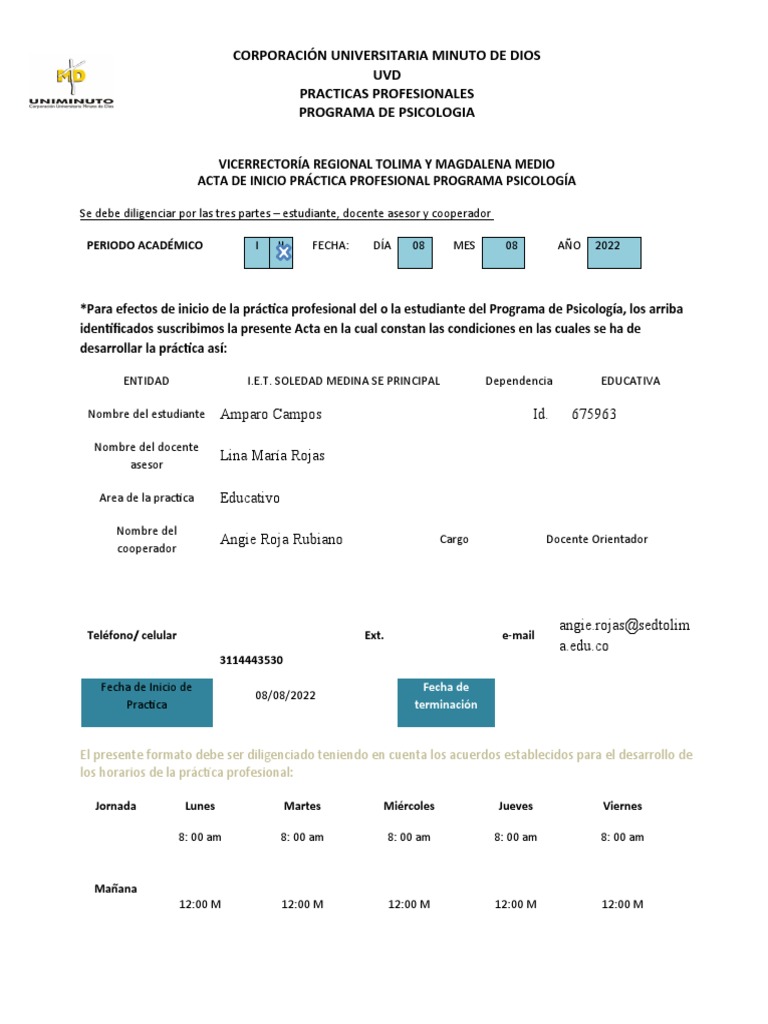 Acta de Inicio Práctica Psicología | PDF | Sicología