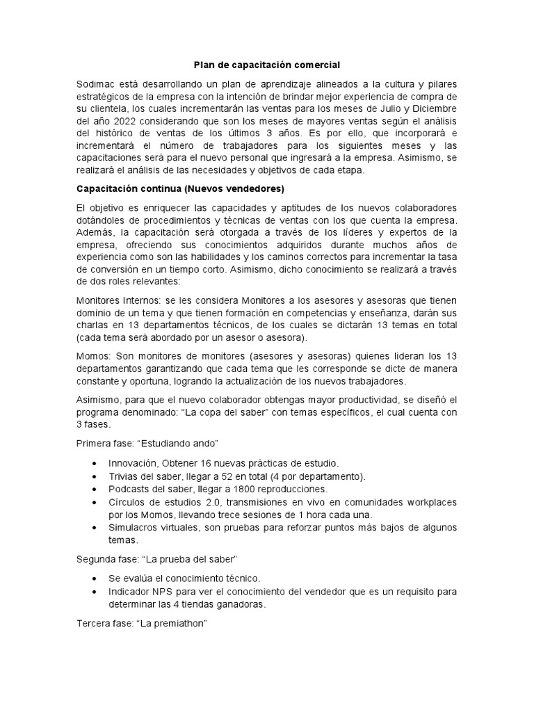 Plan de Capacitación Comercial | PDF | Presupuesto | Business