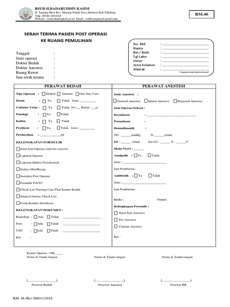 46.form Serah Terima Pasien Post Operasi Ke Ruang Pemulihan PDF