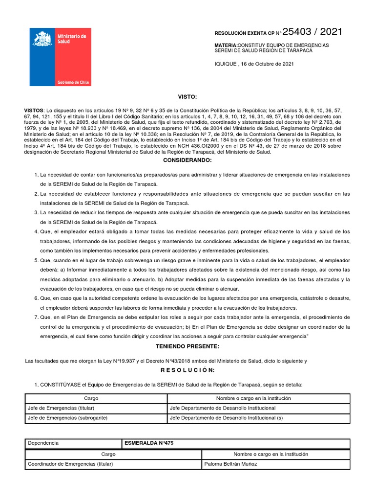 Res 25403 Equipos de Emergencia SEREMI | PDF | Emergencia | Gestión de ...