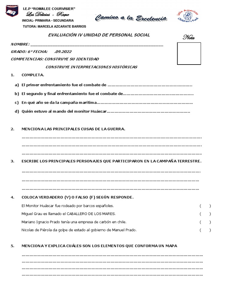 Examen Mensual Personal Social 6° Grado Iv Unidad | PDF | Viajes y ...