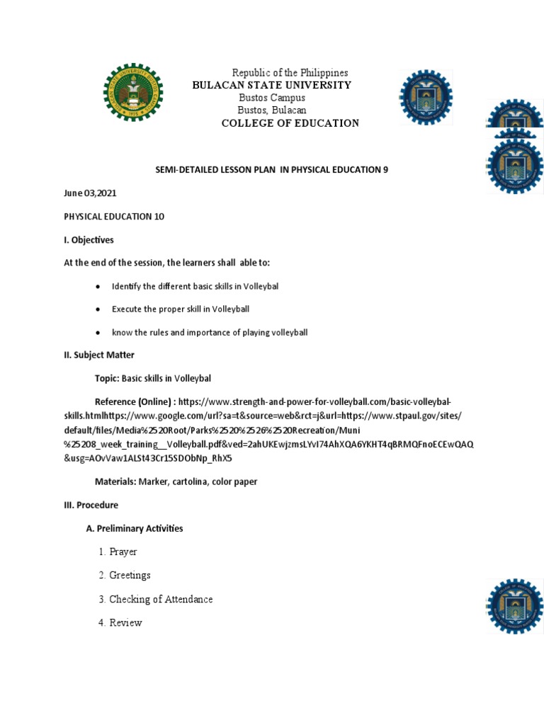 SemiDetailed Lesson Plan PDF Volleyball Cognition