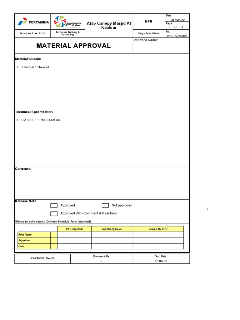 QF-CM-006 Rev.00 - Material Approval | PDF | Technology & Engineering