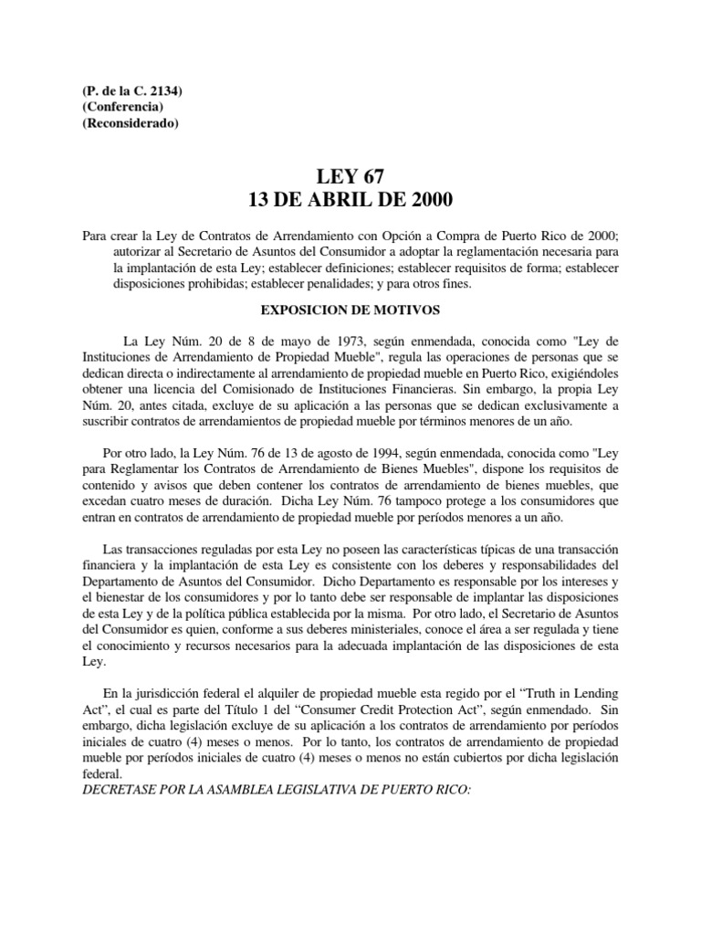Ley de Contratos de Arrendamiento con Opción a Compra de