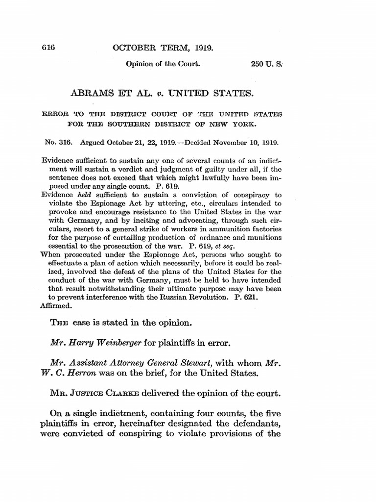 Abrams V US PDF First Amendment To The United States Constitution