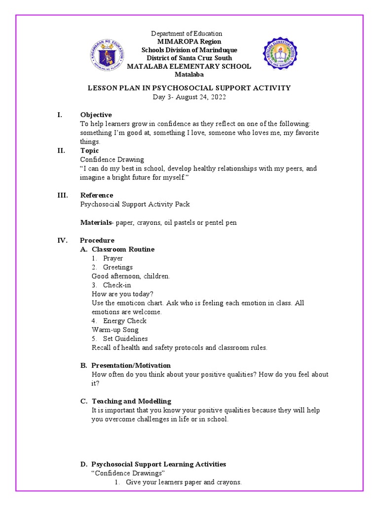 Lesson Plan in Psychosocial Support Activity Grade 6 Day 3 | PDF ...