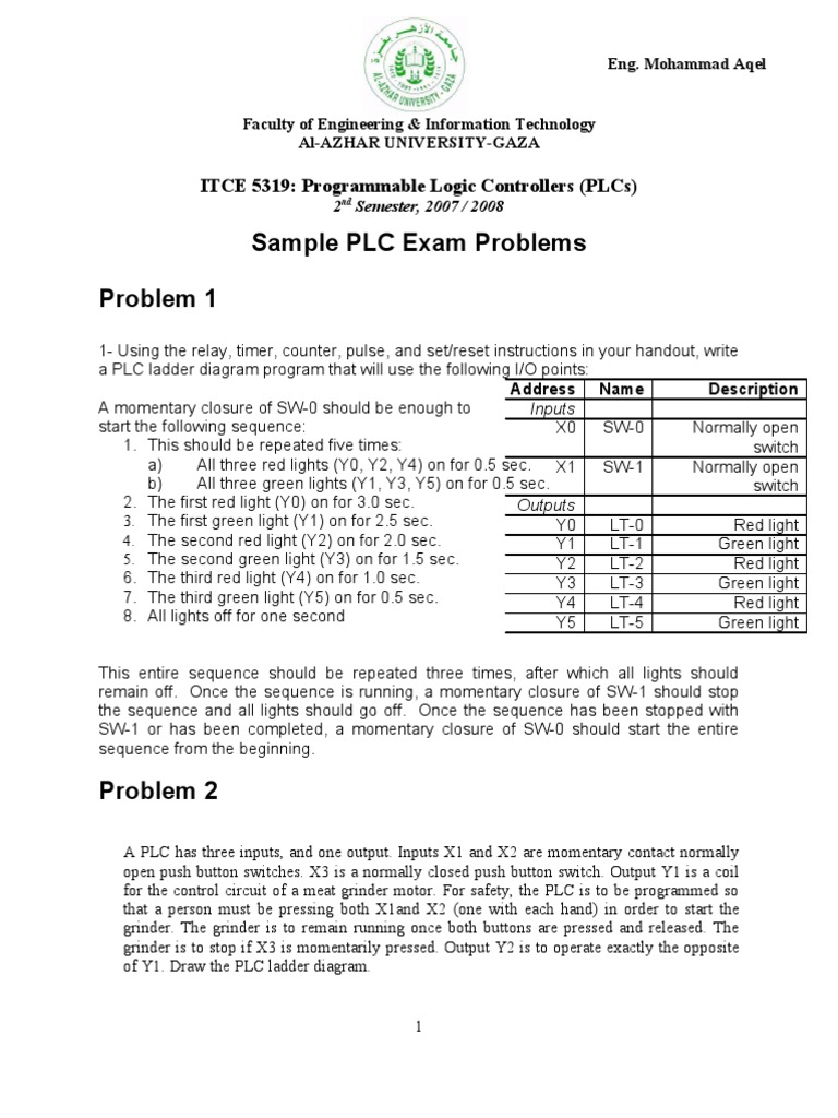 Sample PLC Exam Problems Programmable Logic Controller Electronic