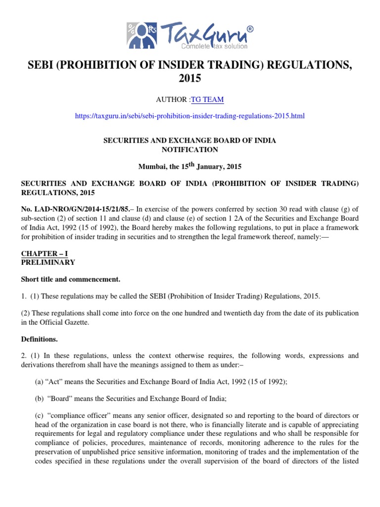 SEBI (Prohibition of Insider Trading) Regulations, 2015 - Taxguru - in ...