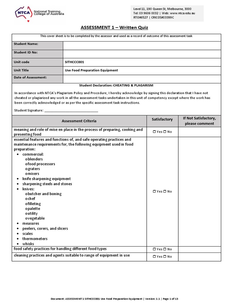ASSESSMENT 1 SITHCCC001 Use Food Preparation Equipment PDF Foods Food And Drink Preparation