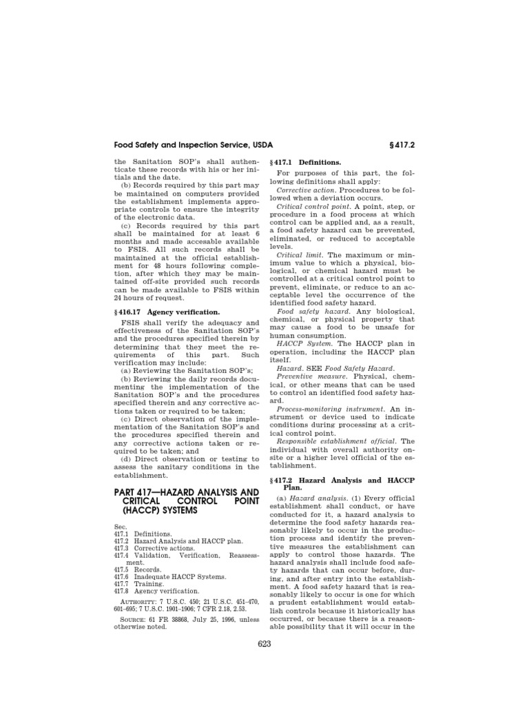 Haccp 9 CFR 417 | PDF | Food Safety | Hazard Analysis And Critical ...