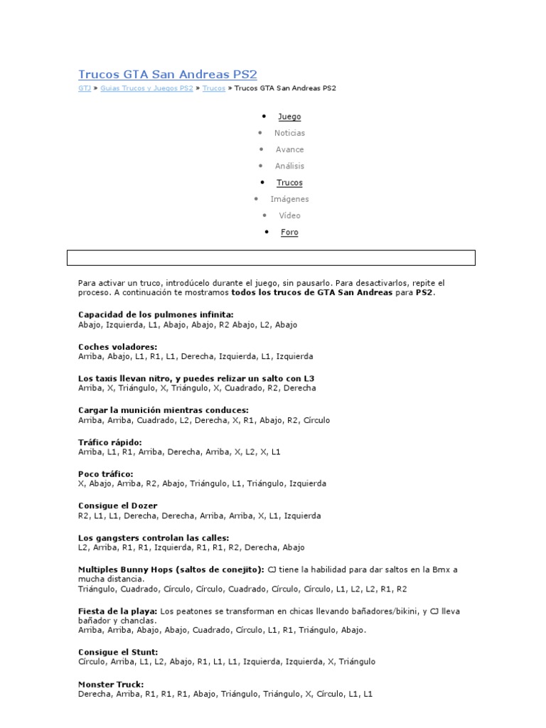 Trucos De GTA San Andreas PS2: Vida Infinita Y Munición Infinita ▷➡️  Trucoteca ▷➡️