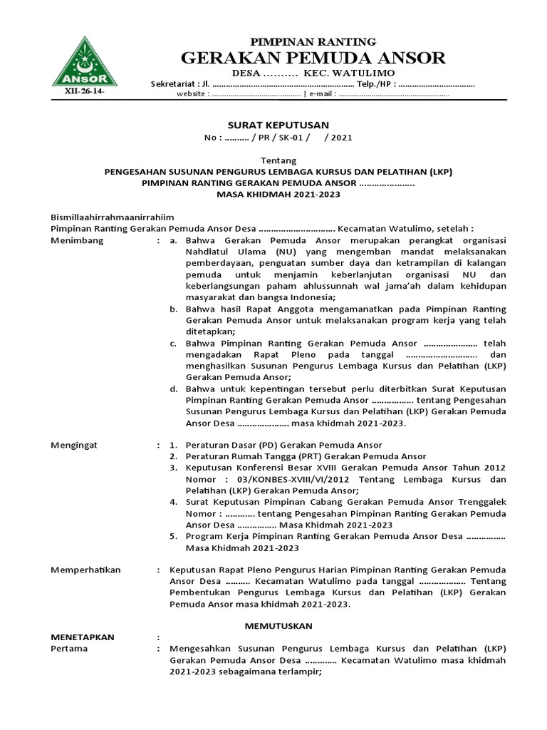 Pengesahan Pengurus LKP GP Ansor 2021-2023 | PDF