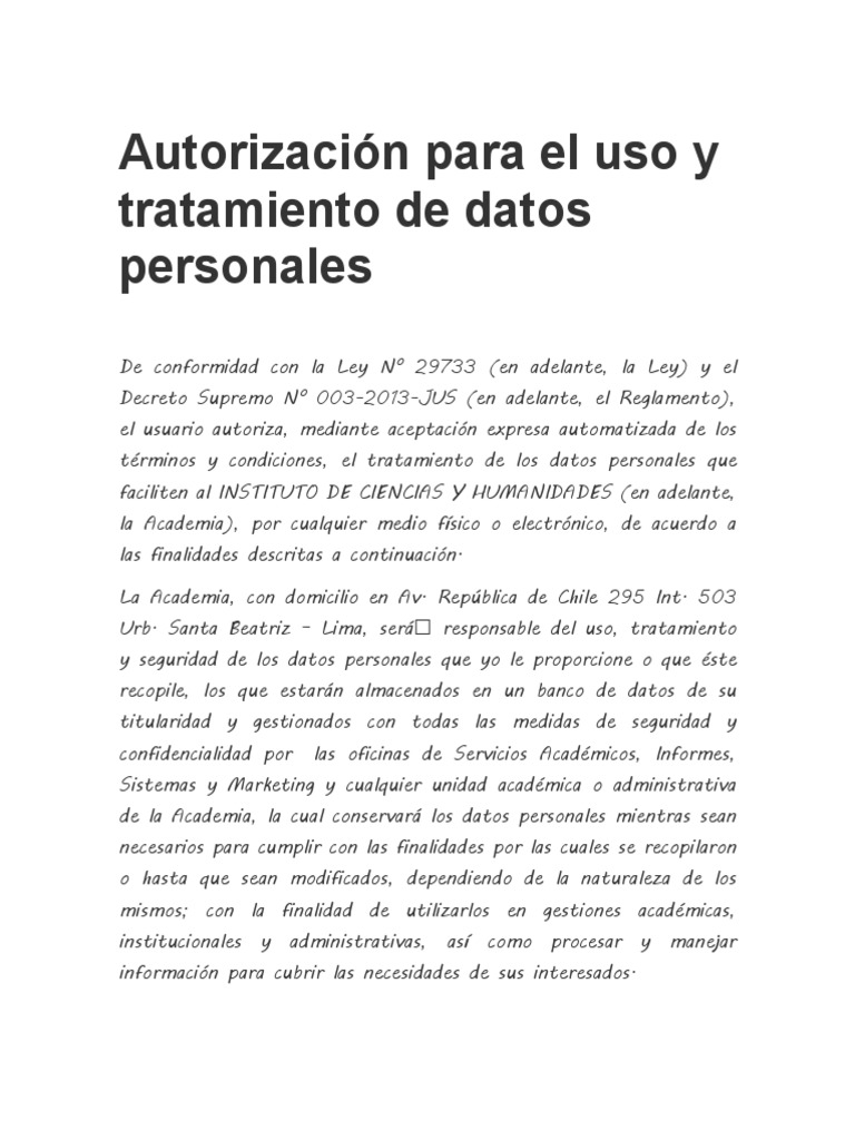 Autorización para El Uso y Tratamiento de Datos Personales | PDF ...