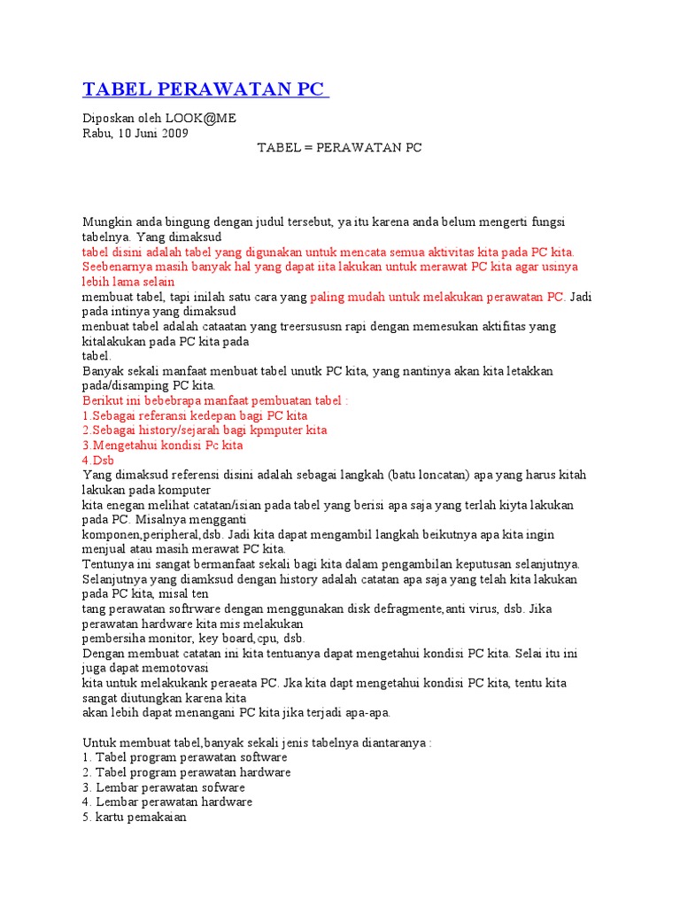 Tabel Perawatan PC yang Efektif | PDF