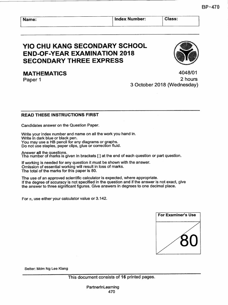 E-Math Sec 3 Sa2 2018 Yio Chu Kang Sec | PDF
