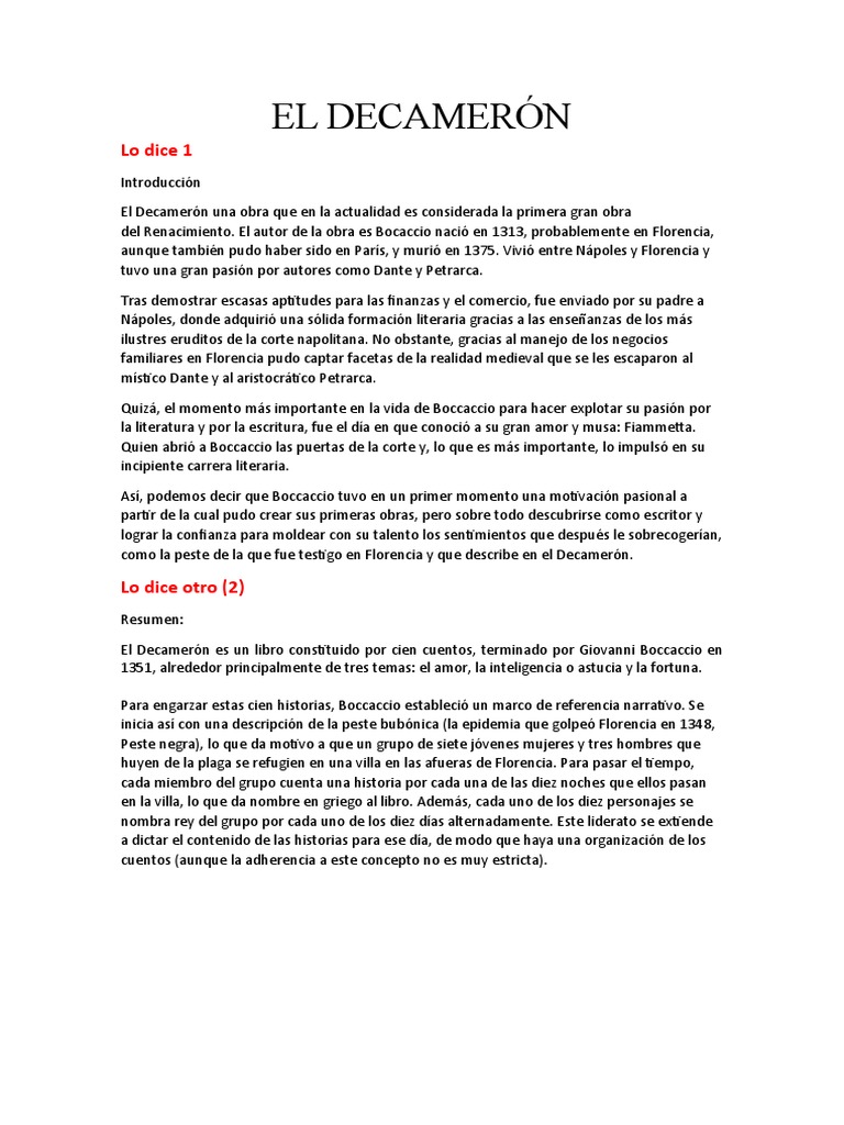Resumen del Decamerón de Boccaccio | PDF | El decameron | Giovanni ...
