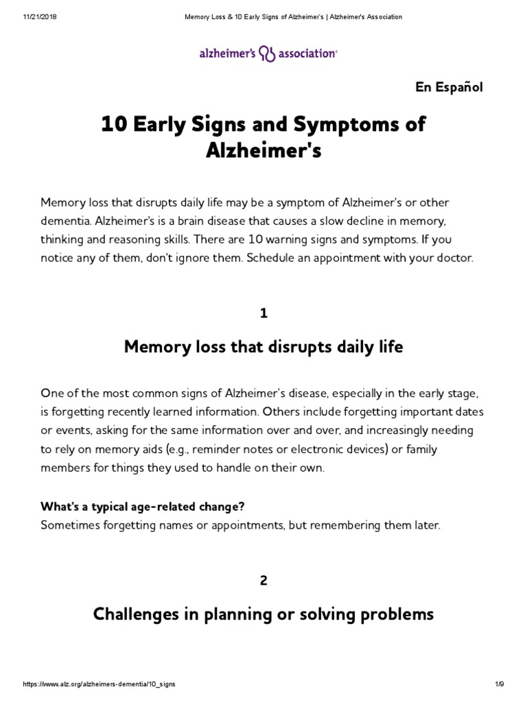 Memory Loss & 10 Early Signs of Alzheimer's Alzheimer's Association