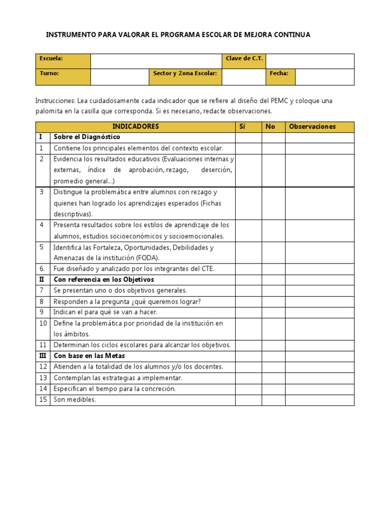 Instrumento para Valorar El Programa Escolar de Mejora Continua | PDF ...